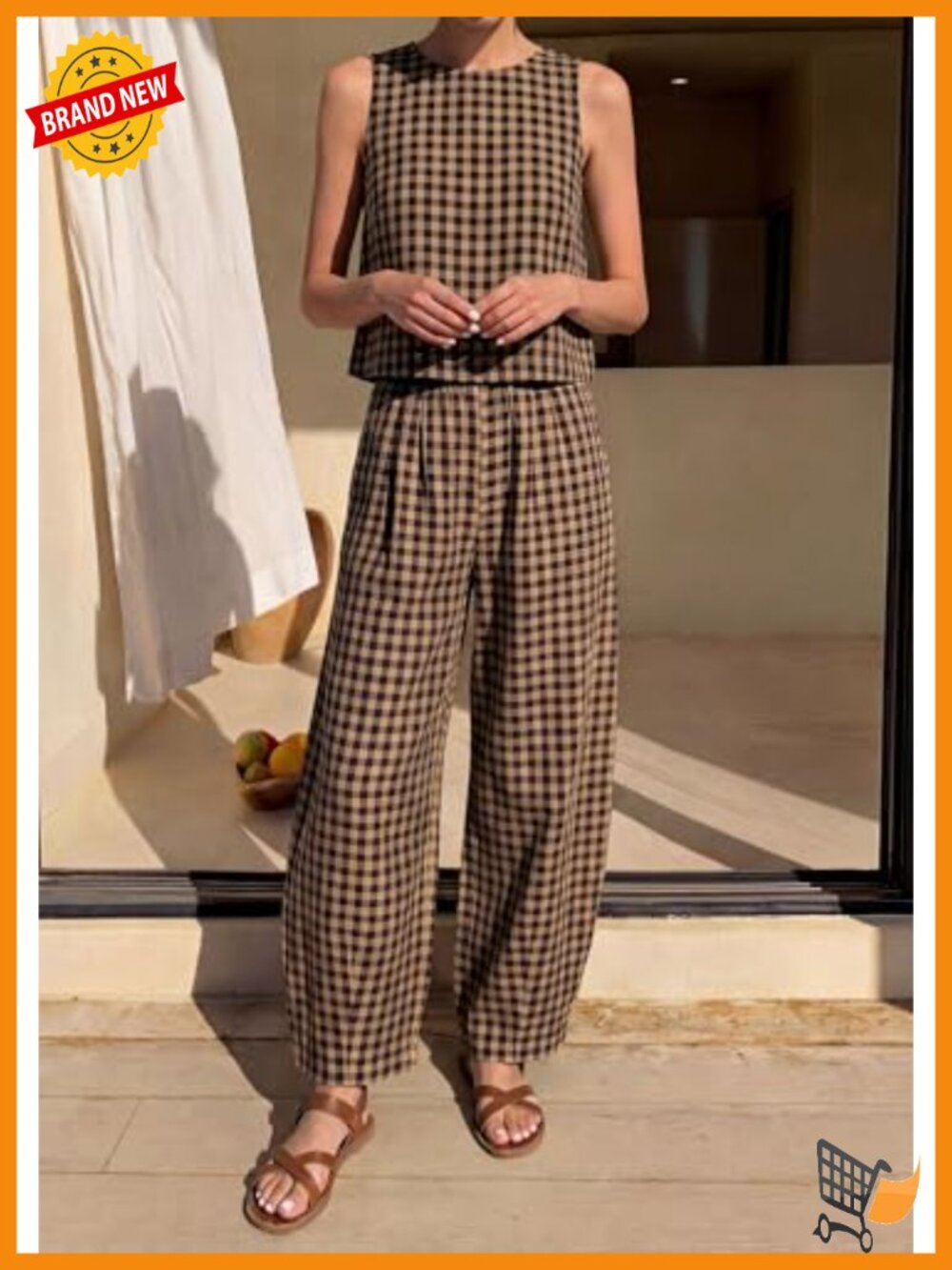 100% Cotton 2 Piece Lounge Set Sleeveless Top Wide Leg Pants Vacation - Picture 4 of 6